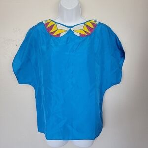 Pepper + Pistol Women's 8 100% Silk Blue Beaded Blouse Draped Open Back